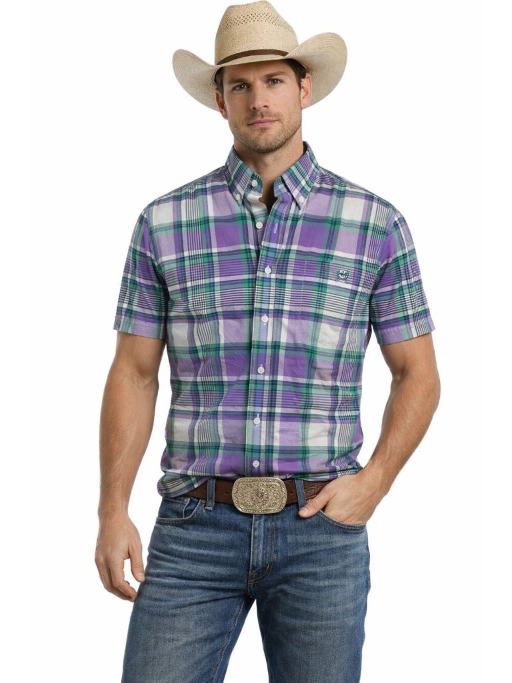 Cinch Men's Plaid Short Sleeve Western Cowboy Shirt Mens M Cotton Purple & Green